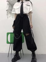 HOUZHOU Gothic Streetwear Womens Cargo Pants with Chain Punk Techwear Black Oversize Korean Fashion Wide Leg Trousers 2021 Alt