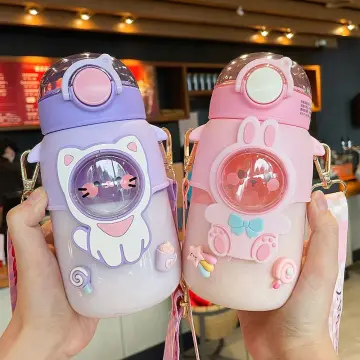 Girl Water Bottle for Juice Milk Coffee Drinking Tumbler 550ml Cartoon Cute  Rainbow Cup with Straw Double Plastic BPA Free