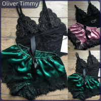 [Oliver Timmy] 2pcs WOMENS Lace ชุดนอนชุดชั้นในชุดชั้นในกางเกงขาสั้นชุดชุดชุดนอนชุดนอน