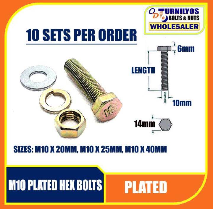 10 SETS M10 BH HEX BOLT / PLATED WITH NUTS, LOCK WASHERS AND FLAT
