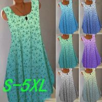 Summer Sleeveless Vest Dress New Womens Fashion Round Neck Floral Gradient Sleeveless Vest Dress