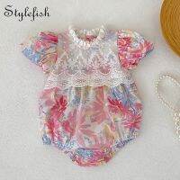 Ins summer baby and children one-piece dress lace baby print lace bubble short sleeve triangle romper climbing