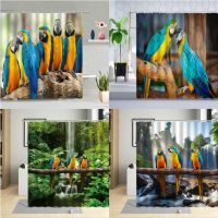 Blue Yellow Parrot Shower Curtain Color Bird Animal Waterfall Forest Green Plant Scenery Bathroom Curtains Polyester Fabric Sets