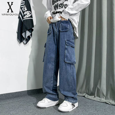YIPINYOUYOU丨กางเกงขายาวขากว้างมีกระเป๋าหลายกางเกงลำลองสำหรับผู้ชายดีไซน์แบบกางเกงยีนคาโก้