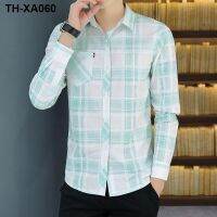 Long-sleeved with pockets mens autumn business casual all-match trendy plaid non-ironing top