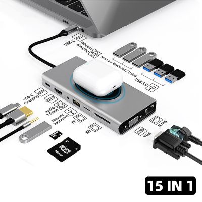 15ใน1ประเภท C ฮับแท่นวางมือถือ USB HUB ประเภท C ถึง HDMI-เข้ากันได้ชาร์จไร้สาย USB 3.0อะแดปเตอร์แล็ปท็อปอุปกรณ์ Feona