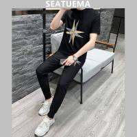 SEATUEMA ผู้ชายแขนสั้นฤดูร้อนสุทธิสีแดงสูทแฟชั่นบางพอดีเสื้อยืด