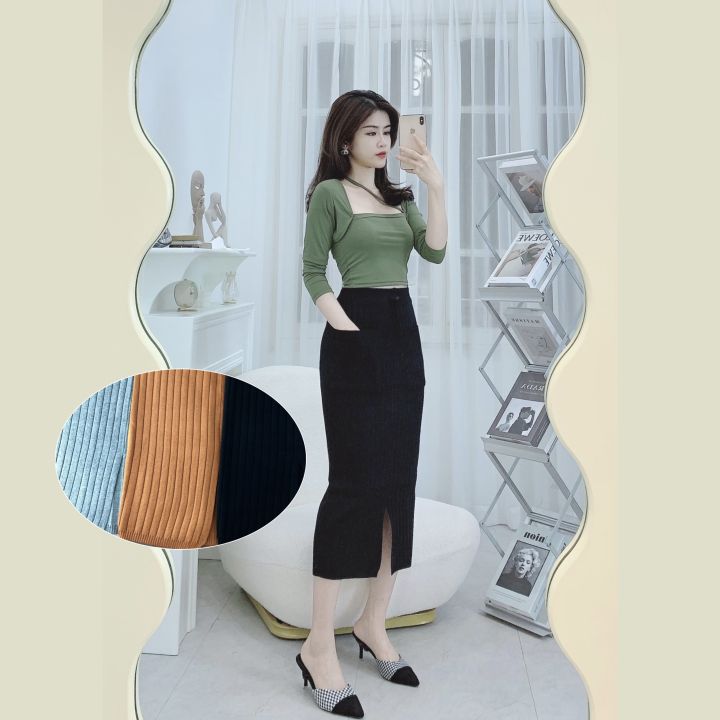 CHÂN VÁY LEN XẺ TRƯỚC 2 TÚI CHẤT ĐẸP CÓ SẴN | Lazada.vn