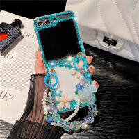 Samsung Galaxy Z Flip 5 5G เคสโทรศัพท์ภาพดอกไม้ Rhinestone Z Flip5เคสกันกระแทกโปร่งใสแฟชั่นมาพร้อมกับสร้อยข้อมือคริสตัลสวยๆป้องกันรอยขีดข่วนฝาหลัง-4สี