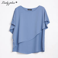 Lady Plus เสื้อแต่งระบายเฉียง | Ruffle Blouse เสื้อทำงาน เสื้อแขนสั้น สีฟ้า