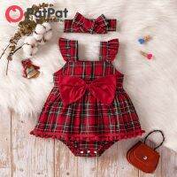 PatPat Christmas 2Pcs Baby Girl Red Plaid Flutter-Sleeve Bow Front Pom Poms Romper With Headband Set