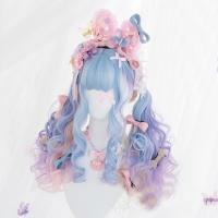 Cosplaysalon Lolita 67CM Lolita Long Curly Mix Pink Blue Rainbow Sweet Bangs Ombre Cute Party Synthetic Hair Cosplay Wig Gift gift