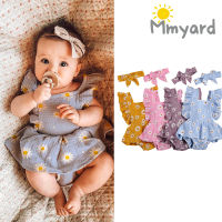 Mmyard รอมเปอร์เด็กผู้ชายเด็กผู้หญิง,รอมเปอร์พิมพ์ลายหัวใจ3สีชุดระบายแขนสั้นชุดจั๊มสูทเปิดหลังคาดศีรษะ