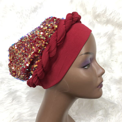 แอฟริกันหมวกเลื่อม Aso Oke Hijab Gele Headtie ทำ Turban Head Wrap หมวกสุภาพสตรีหมวกอัตโนมัติ Headtie Aso Oke Gele
