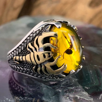 [COD]2022 แหวนผู้ชายแบบใหม่วงรีขนาดใหญ่หินอาเกตธรรมชาติย้อนยุคเทรนด์ฝังเพทายสีเหลืองแหวนมด