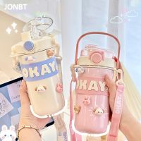 ▩ Kawaii Thermal Water Bottle With Straw Sticker Stainless Steel Thermos Keep Cold Hot Coffee Bubble Tea Cute Bottle For Kid Girl