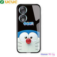 เคส UCUC สำหรับ Honor 90 5G เคสโทรศัพท์หรูการ์ตูนสำหรับเด็กผู้หญิงกระจกเทมเปอร์รูปแมวโดราเอมอนด้านหลังเคสห่อหุ้มเคสโทรศัพท์