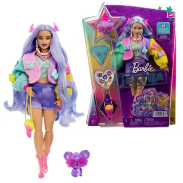 Barbie Doll and Accessories, Barbie Extra Fashion Doll with Crimped  Lavender Hair and Checkered Jacket, Pet Puppy