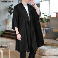 INCERUN 2023 Men Trench Retro Kimono Hooded 3/4 Sleeve Open Stitch Streetwear Long Thin Coats Solid Casual Irregular Outerwear