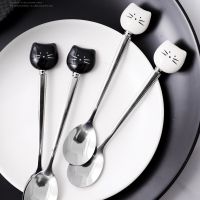 Stainless Steel Cute Cat Coffee Spoon Fruit Fork Dessert Spoon Candy Teaspoon Cat Ceramic Handle Ice Cream Spoon Kitchen Tools Serving Utensils