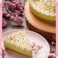 ? GREEN TEA CHEESECAKEชีสเค้ก รสชาเขียว ด้านบนแต่งด้วยวิปปิ้งครีมและผงมัชฉะ  ส่งด่วนในวันด้วยLalamove เค้กวันเกิด