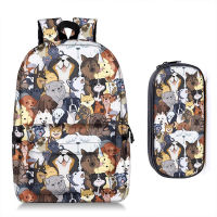 Cute Kitten Cats Puppy Dogs Print Backpack + Pencil Bag for Teenager Boy Girl Children School Bags Kids Bookbag Women Backpack