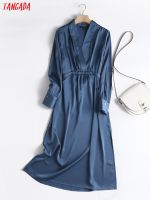 Tangada 2021 Autumn Fashion Women Elegant Satin Dress Long Sleeve Office Ladies Midi Dress with Slash 6D105