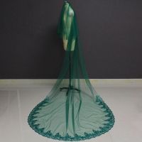 Green Wedding Veil with Glitter Lace 2 Tiers 3 M Long Muslim Bridal Veil with Comb with Blusher Accessories for Bride Hair Accessories