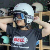 SET หมวกกันน็อคเปิดหน้าคลาสสิค BELL CUSTOM 500 VINTAGE WHITE คู่กับแว่น 100% BARSTOW DEATH SPRAY MIRROR BLUE