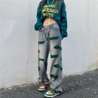 Ladies Jeans Summer New Korean Fashion Womens Irregular Letter Printing Loose Straight Wide Leg Pants Trousers