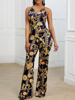 Baroque Print Spaghetti Strap Casual Rompers Women Jumpsuit