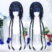 HOUYAN Synthetic Blue highlights black long straight hair girl wig curly cosplay Lolita bangs wig Heat resistant party Wig  Hair Extensions Pads