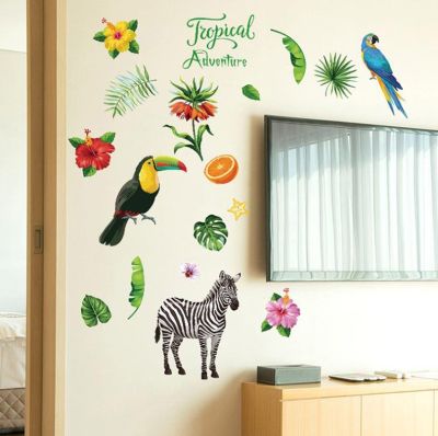 [24 Home Accessories] สติ๊กเกอร์ติดผนังตกแต่งบ้าน Tropical Jungle Flowers And Birds Series สติ๊กเกอร์ติดผนังห้องเด็ก DIY Wall Decor