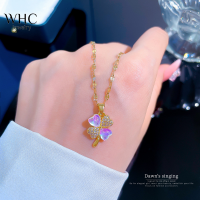 WHC Jewelry 2022ใหม่ประกายเพชรที่มีสีสันโอปอลสี่ใบโคลเวอร์จี้สร้อยคอสแตนเลสสำหรับผู้หญิง