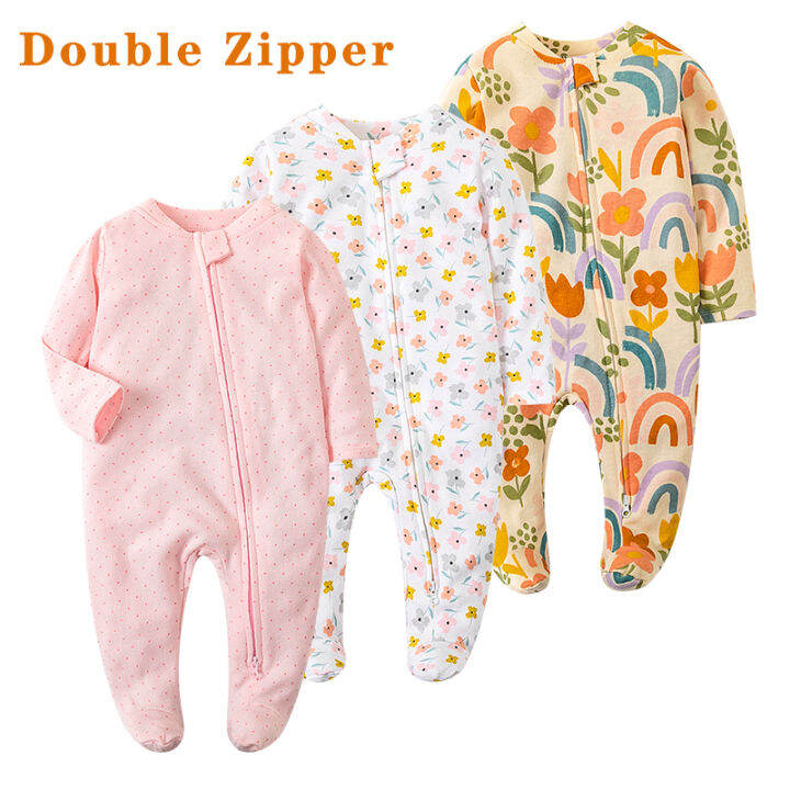 ทารกแรกเกิดชุดนอนฟุตบอลซิปคู่ผ้าฝ้ายเด็กทารก Onesie Sleeper Pjs Footed