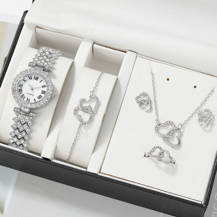 6ชิ้นนาฬิกาควอทซ์-dainty-พร้อมชุดเครื่องประดับหัวใจสำหรับผู้หญิงนาฬิกาพลอยเทียมสร้อยข้อมือสร้อยคอรูปหัวใจคู่ต่างหูชุดห่วง