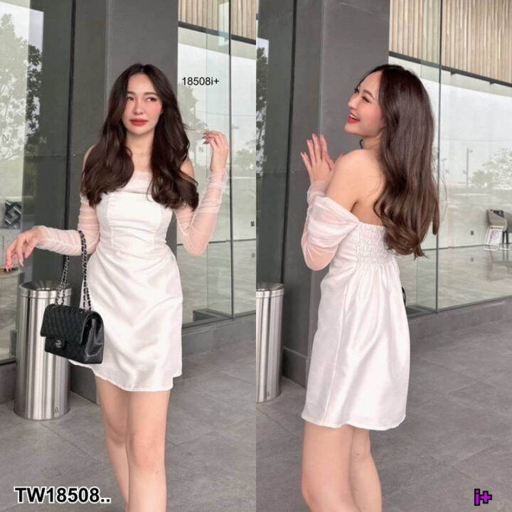 dress-เดรสสั้นผ้าไหมมีซับใน-แต่งแขนมุ้งเปิดไหล่ซิปหลัง-เนื้อผ้าไหม-มุ้ง