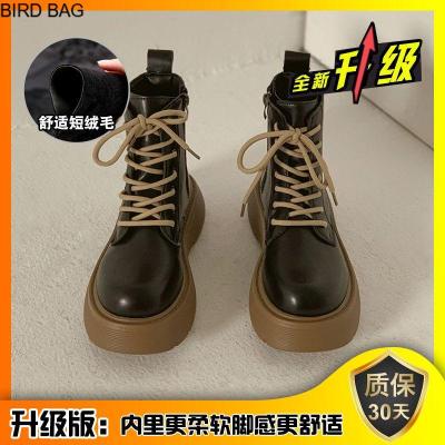 BIRD กระเป๋า Martin Boots ผู้หญิง2022ฤดูใบไม้ร่วงและฤดูหนาวรองเท้าใหม่ Plus กำมะหยี่สไตล์อังกฤษสั้นรองเท้าฤดูใบไม้ผลิและฤดูใบไม้ร่วงหนาด้านล่างผู้หญิงฤดูหนาว