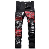 【YD】 Fashion punk mens jeans personality pin stitching printed cone middle waist casual street