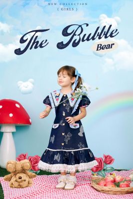 (Girls)The  Bubble Bear Dress เดรสหมีพิมพ์ลายเด็กผู้หญิง เดรสลูกสาว เดรสยีนส์สีเข้มเเต่งปกใหญ่น่ารักสมวัยสุดๆ