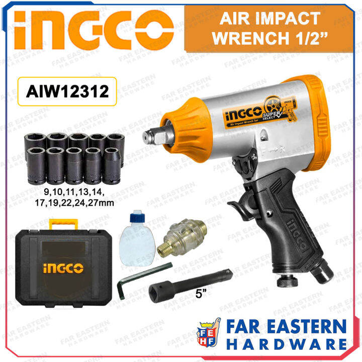 INGCO Pneumatic Air Impact Wrench 1/2" Dr w/ Coupling & Socket Wrench