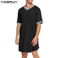 INCERUN Solid Color Sleepwear Man Short Sleeve Bathrobe Loose V Neck Nightwear Mens Nightgown Fashion Patchwork Sleep Robe S-5XL