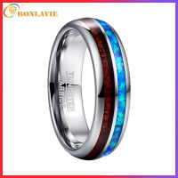 BONLAVIE 6mm Hawaiian Koa Wood and Blue Opal Inlay Tungsten Carbide Ring Domed Wedding Band Comfort Fit Size 7-12