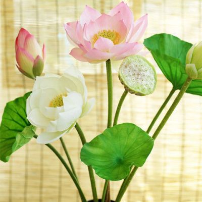 ช่อดอกไม้จำลองบัว PU แท้ใบบัวตกแต่งห้องนั่งเล่นถ่ายรูปดอกไม้และพืชสีเขียว