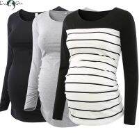 Liu&amp;Qu 3PCS Women Maternity Tops Long Sleeve Pregnancy T-Shirt Round Neck Flattering Side Ruched Pregnancy Shirt Clothes Casual Pipe Fittings Accessor