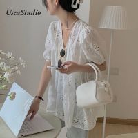 Usestudio OL Lady มาใหม่ผู้หญิงเก๋ฟองแขนกลวงลูกไม้คอวีออกแบบเสื้อแขนสั้น502b021