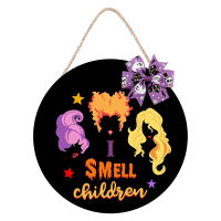 ไม้แขวนพวงหรีดฮาโลวีน Hocus Pocus Wall With Bow Front Round I Smell Children Art Craft House Decoration 12 Inch Black White Door Sign