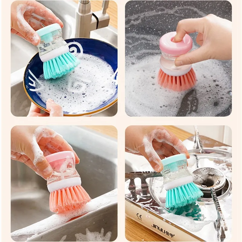 2 IN 1 Wash Pot Brushes Pot Dish Cleaning Brush with Liquid Soap