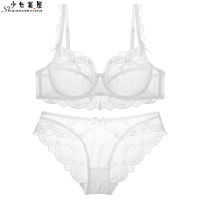 Lace bra and panties set, plus size ladies, ultra-thin push-up sexy lingerie A B C D E cup