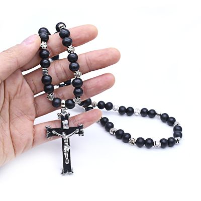 【CW】Cross Juses Pendant Prayer Rosary Beaded Necklaces Wooden Beades Chain Necklace for Men Christian Jewelry